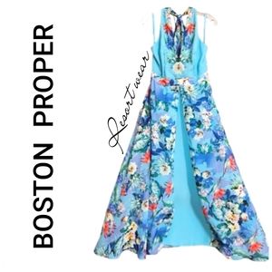 Nwot Boston Proper Aqua  Floral Rhinestone Embellished Halter Maxidress